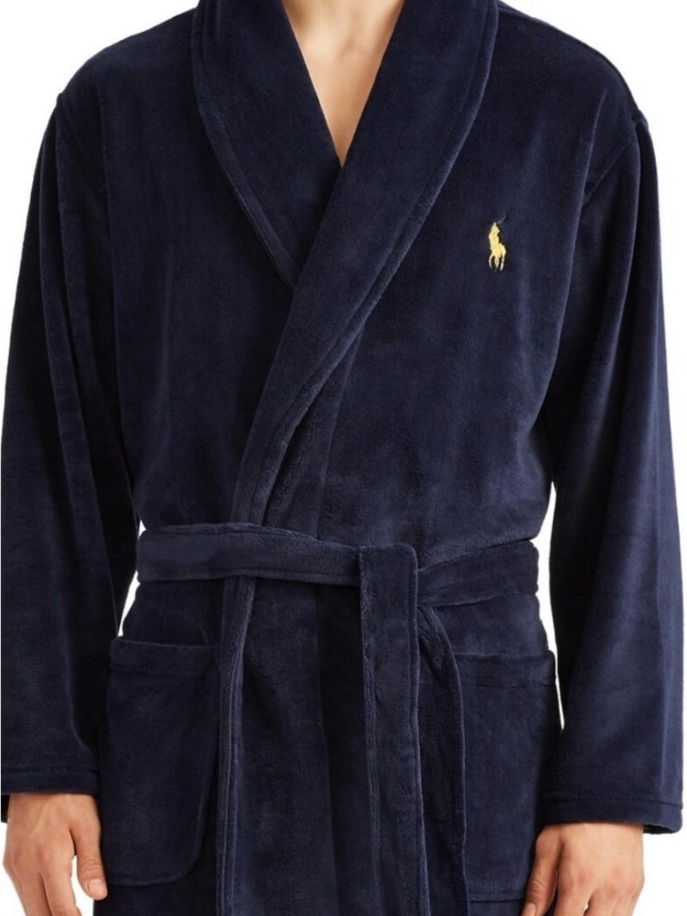 Polo by Ralph Lauren Navy Plush Shawl-Collar Robe with Gold Logo